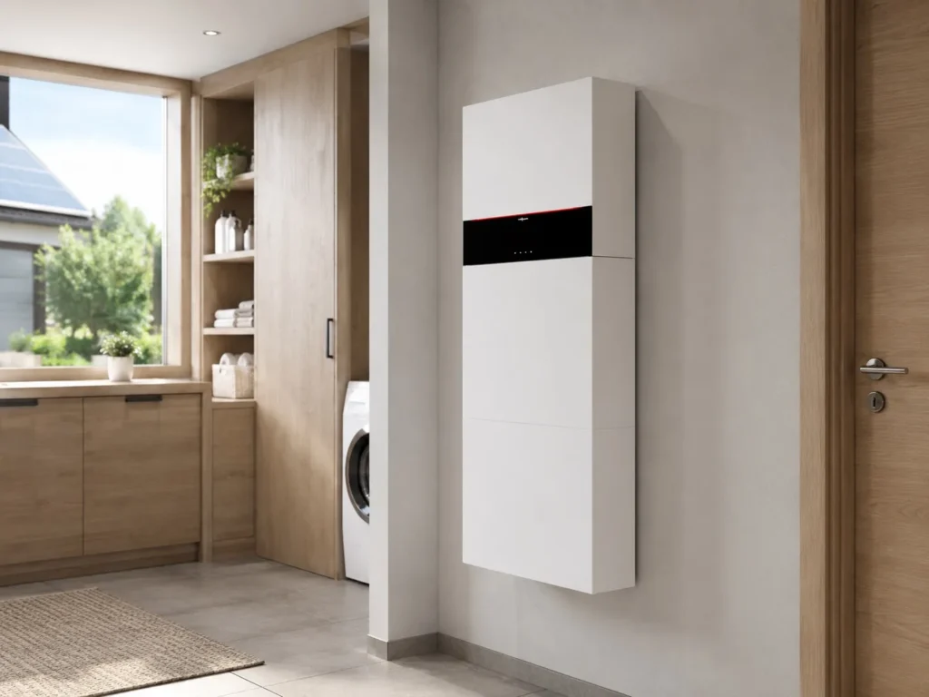 Ein weißer Stromspeicher mit schwarzem Display ist an einer hellen Wand in einem modernen Wohnraum montiert.