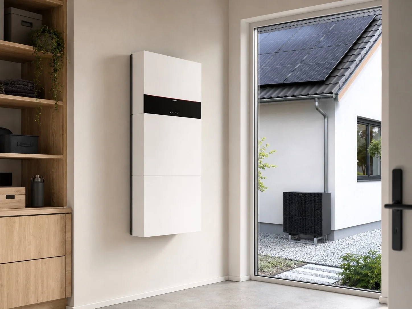 Ein weißer Stromspeicher hängt an einer Innenwand neben einer Terrassentür, durch die ein Haus mit Photovoltaikanlage und Wärmepumpe im Garten zu sehen ist.