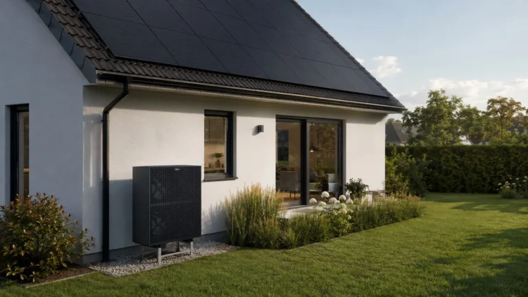 Eine Wärmepumpe steht im Garten vor einer weißen Hauswand mit Solarmodulen auf dem Dach.