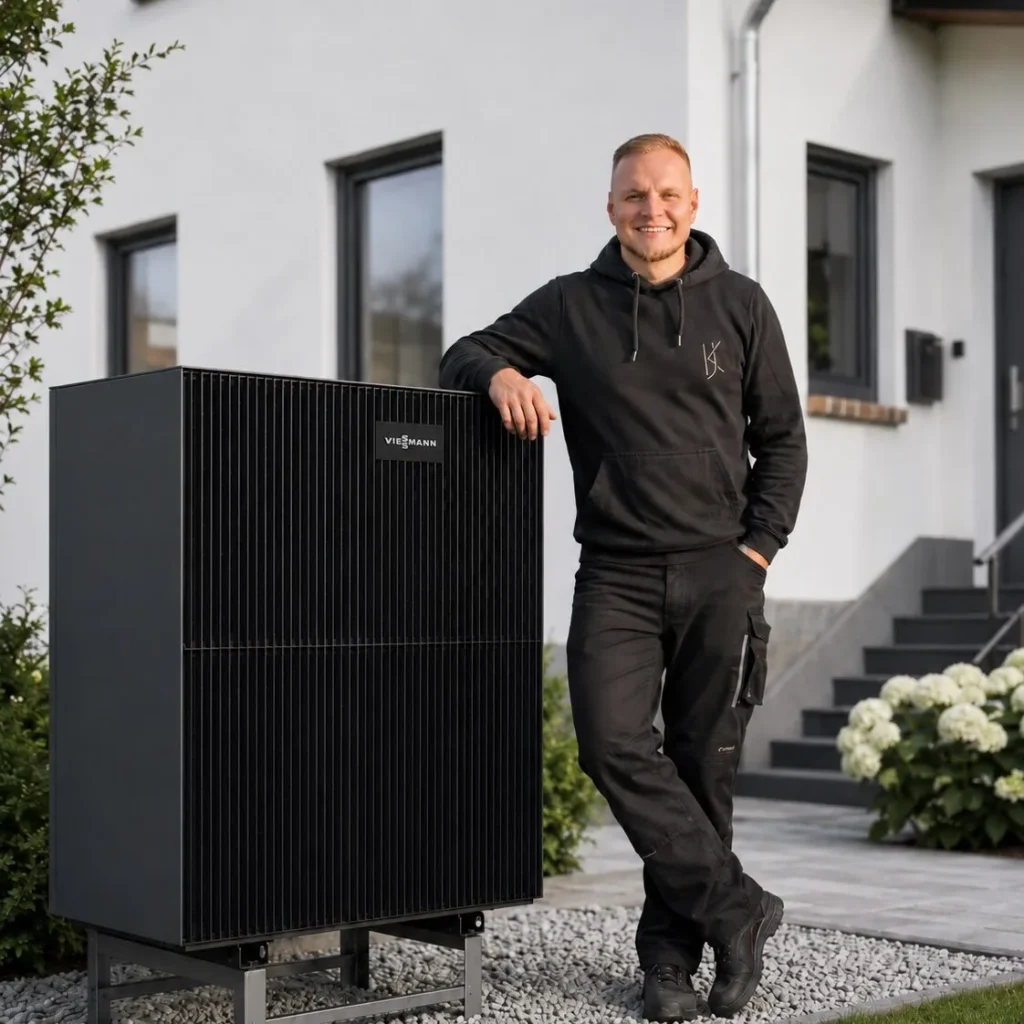 Ein Mann steht neben einer Viessmann-Wärmepumpe vor einem Wohnhaus.