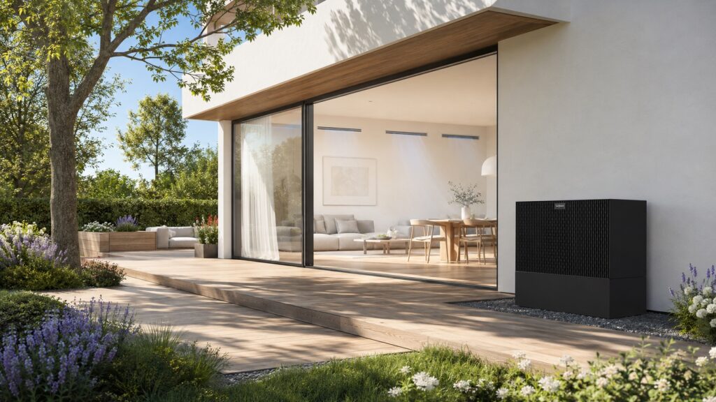 Eine schwarze Viessmann Wärmepumpe steht auf einer Holzterrasse vor einem modernen Wohnhaus mit großer Glasfront und Blick in ein helles Wohnzimmer.