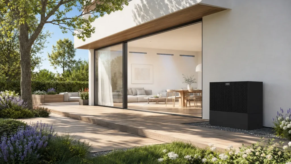 Eine schwarze Viessmann Wärmepumpe steht auf einer Holzterrasse vor einem modernen Wohnhaus mit großer Glasfront und Blick in ein helles Wohnzimmer.
