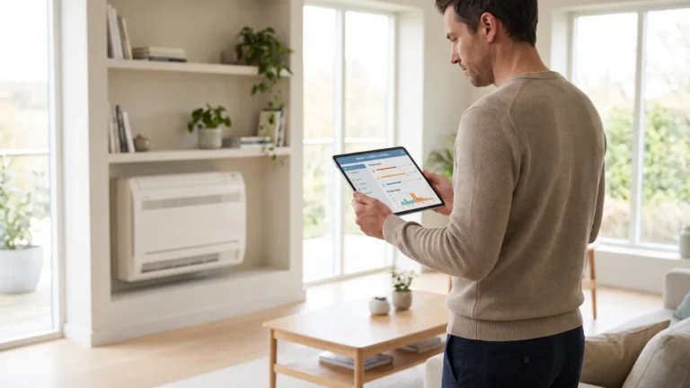 Ein Mann steuert in einem modernen Wohnzimmer seine Wärmepumpe smart über ein Tablet mit Klima-App. Szene suggeriert, wie einfach Wärmepumpe smart machen ist.