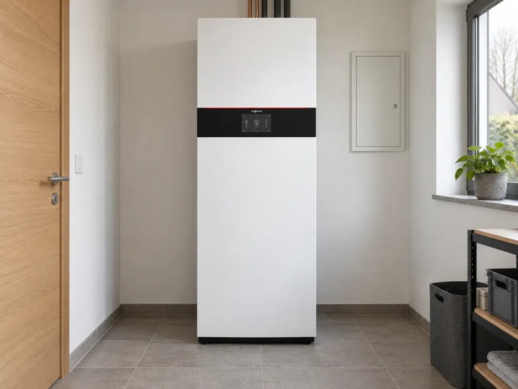 Heizungstechnik in Lübeck: Visualisierung einer Viessmann Vitocal Compact Inneneinheit im hellen Technikraum