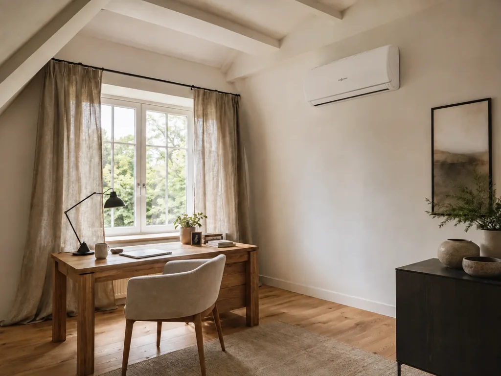 Klimatechnik im Dachgeschoss mit Viessmann Vitoclima 300-S im Homeoffice – KI-Visualisierung