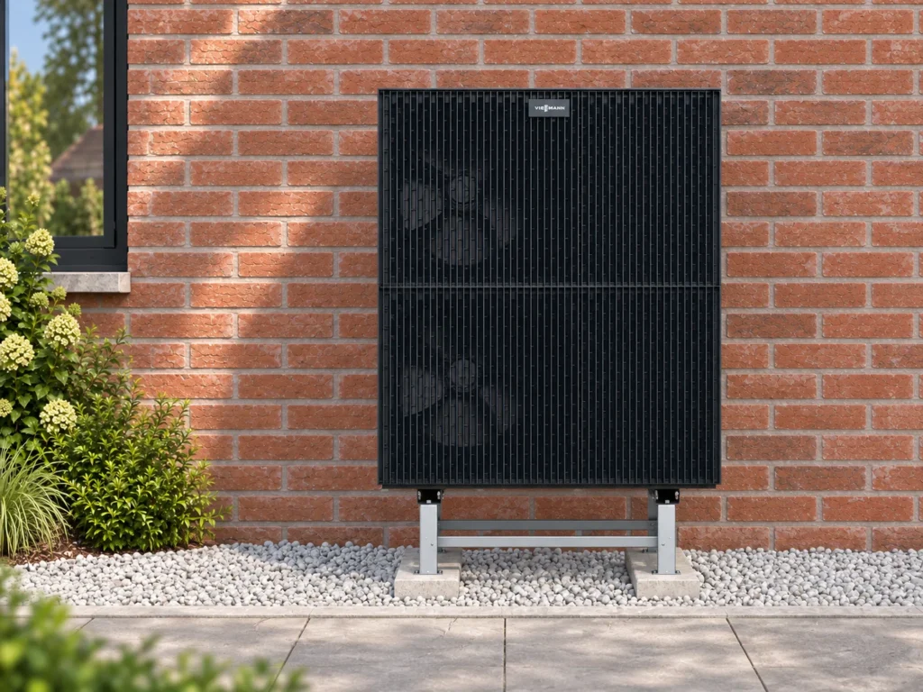 Heizung modernisieren in Lübeck: KI-Visualisierung einer Wärmepumpe am Backsteinhaus