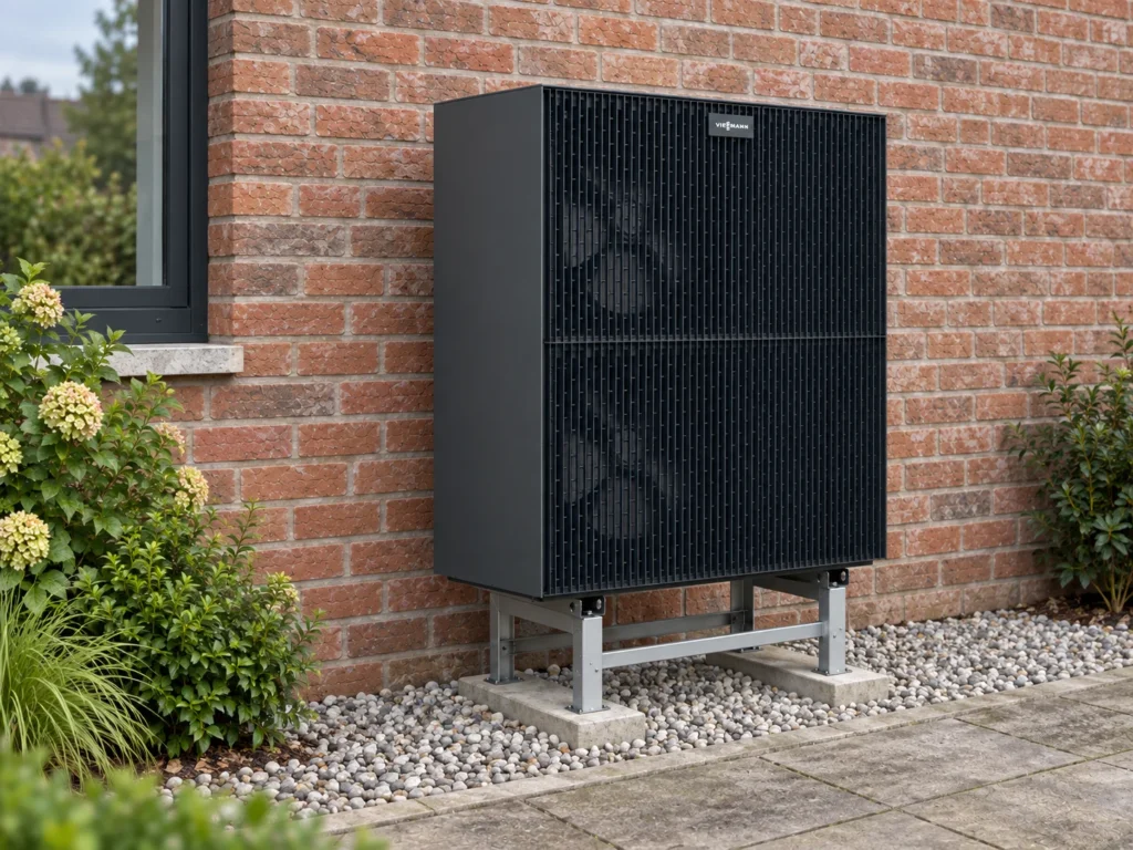 Viessmann Vitocal 250-A Wärmepumpe mit Bodenkonsole vor einer Backsteinfassade – KI-Visualisierung