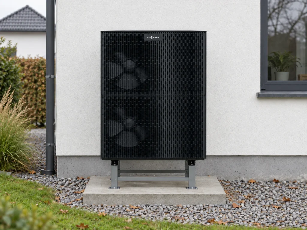 Viessmann Vitocal 250-A auf waagerechter Konsole und Betonfundament – KI-generiertes Systemmotiv