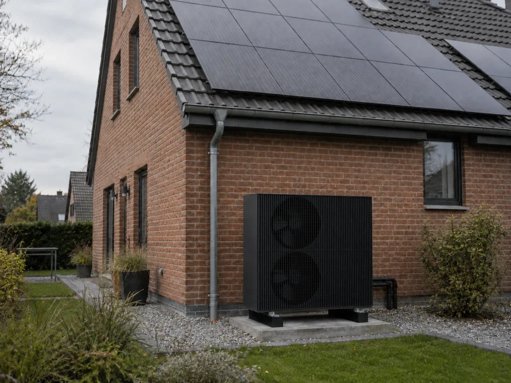 Smarte Wärmepumpe vor einem norddeutschen Backsteinhaus mit Photovoltaik auf dem Dach – KI-Visualisierung