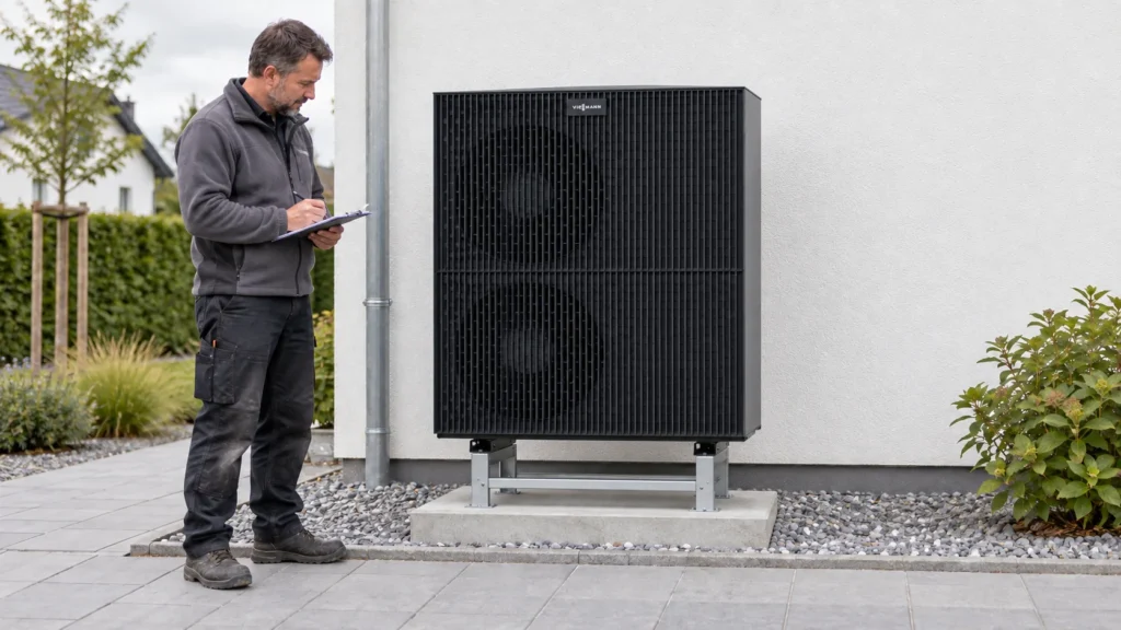 Planung und Installation von Wärmepumpen: Techniker kontrolliert eine Viessmann Vitocal 250-A auf Bodenkonsole – KI-Illustration