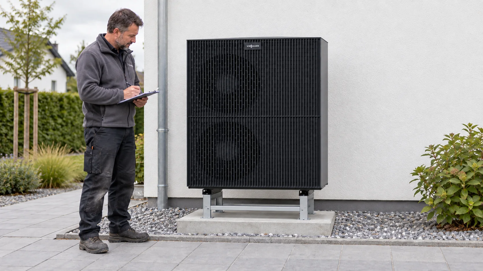 Planung und Installation von Wärmepumpen: Techniker kontrolliert eine Viessmann Vitocal 250-A auf Bodenkonsole – KI-Illustration