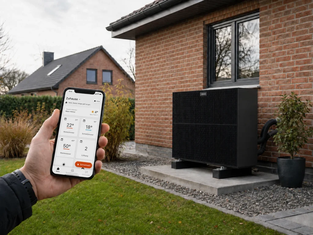 Smarte Wärmepumpe Viessmann Vitocal vor einem Backsteinhaus mit ViCare App auf dem Smartphone
