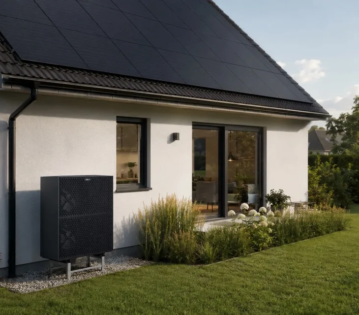 Eine Wärmepumpe steht im Garten vor einer weißen Hauswand mit Solarmodulen auf dem Dach.